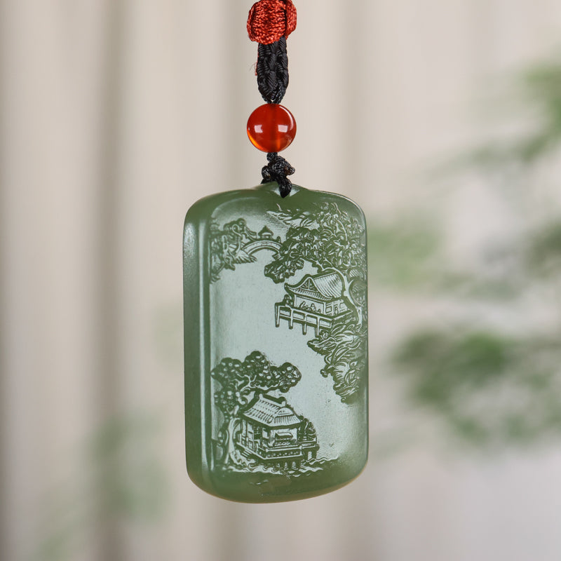 A2234 Chinese Natural Hetian Jade Low Relief Mountain River Scene Pendant
