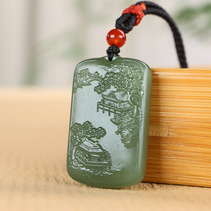 A2234 Chinese Natural Hetian Jade Low Relief Mountain River Scene Pendant