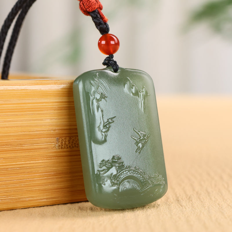 A2234 Chinese Natural Hetian Jade Low Relief Mountain River Scene Pendant