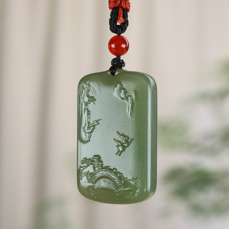 A2234 Chinese Natural Hetian Jade Low Relief Mountain River Scene Pendant