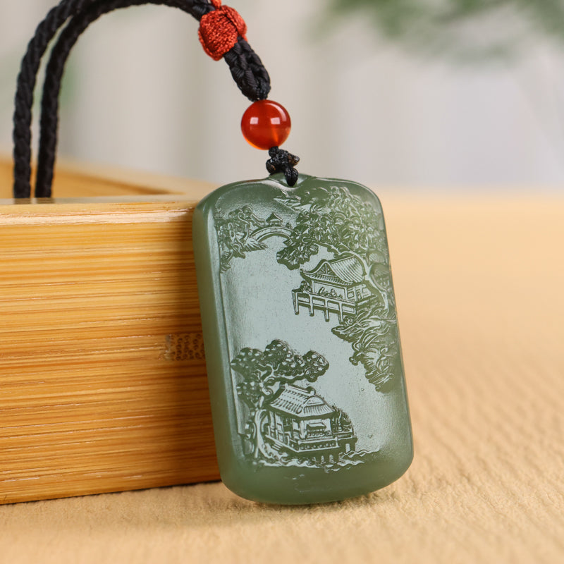 A2234 Chinese Natural Hetian Jade Low Relief Mountain River Scene Pendant