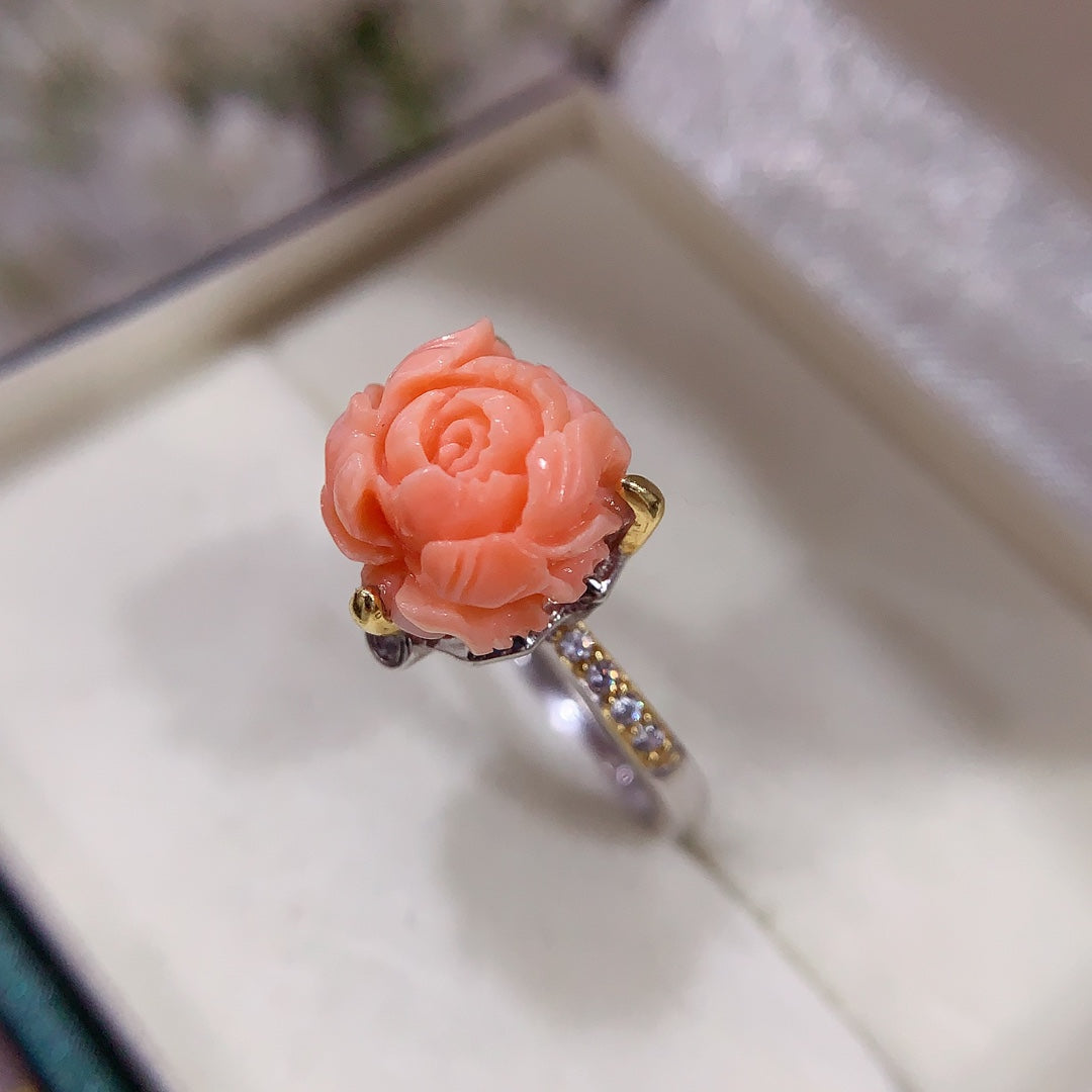A2236 Beautiful Silver Inlay Coral Flower Ring