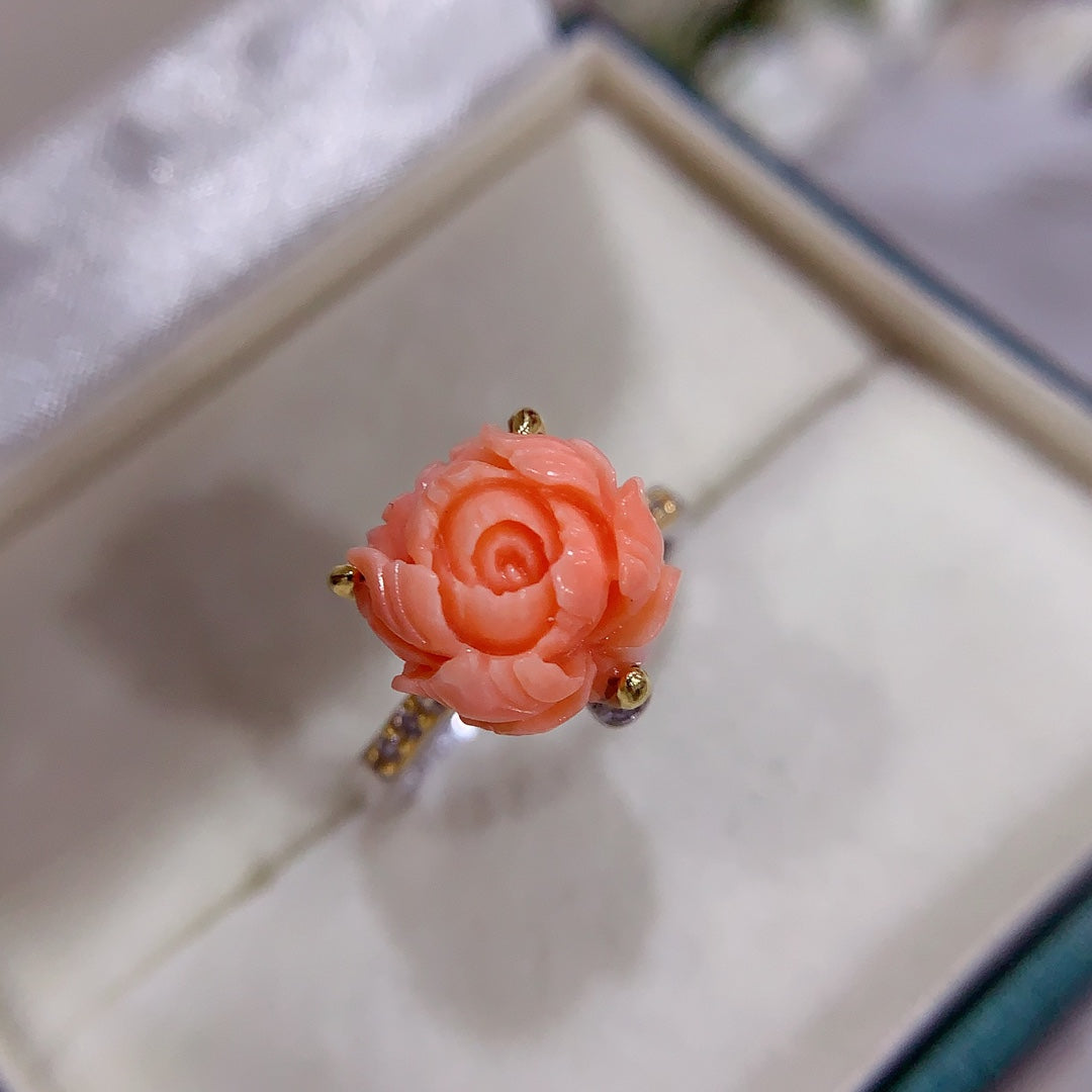 A2236 Beautiful Silver Inlay Coral Flower Ring