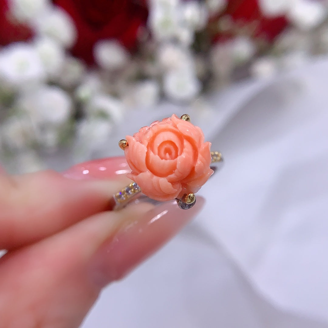 A2236 Beautiful Silver Inlay Coral Flower Ring