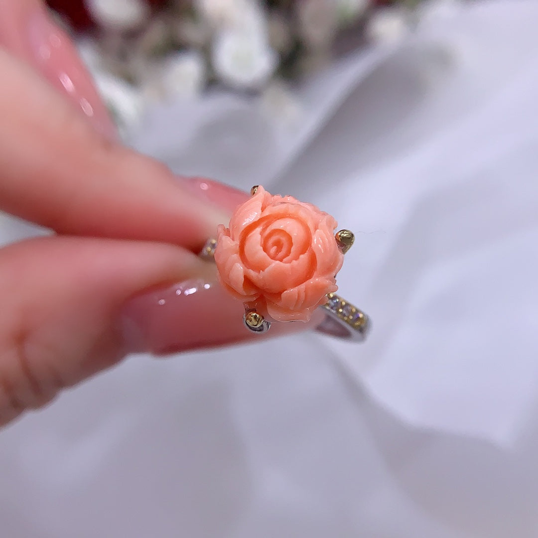 A2236 Beautiful Silver Inlay Coral Flower Ring