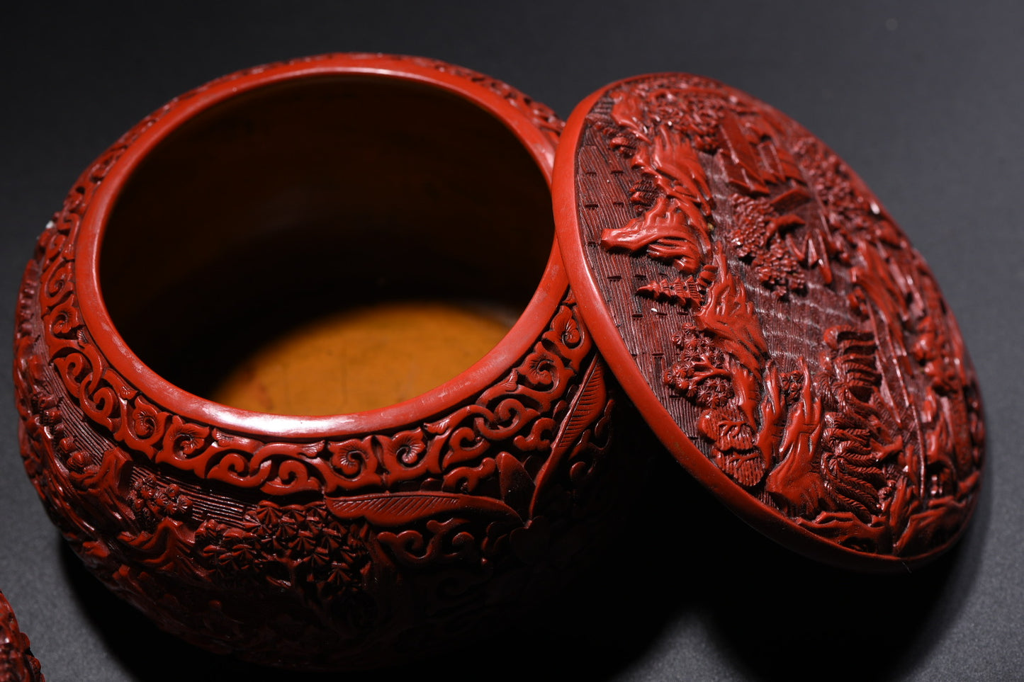 A2237 A Pair Chinese Red Lacquerware Low Relief Mountain River Scene Mountain River Scene Weiqi Pot