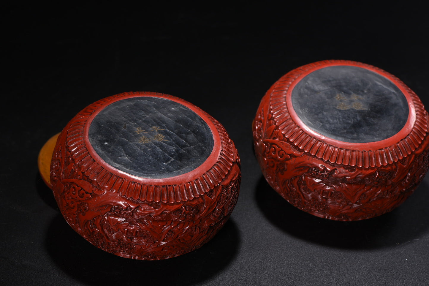 A2237 A Pair Chinese Red Lacquerware Low Relief Mountain River Scene Mountain River Scene Weiqi Pot