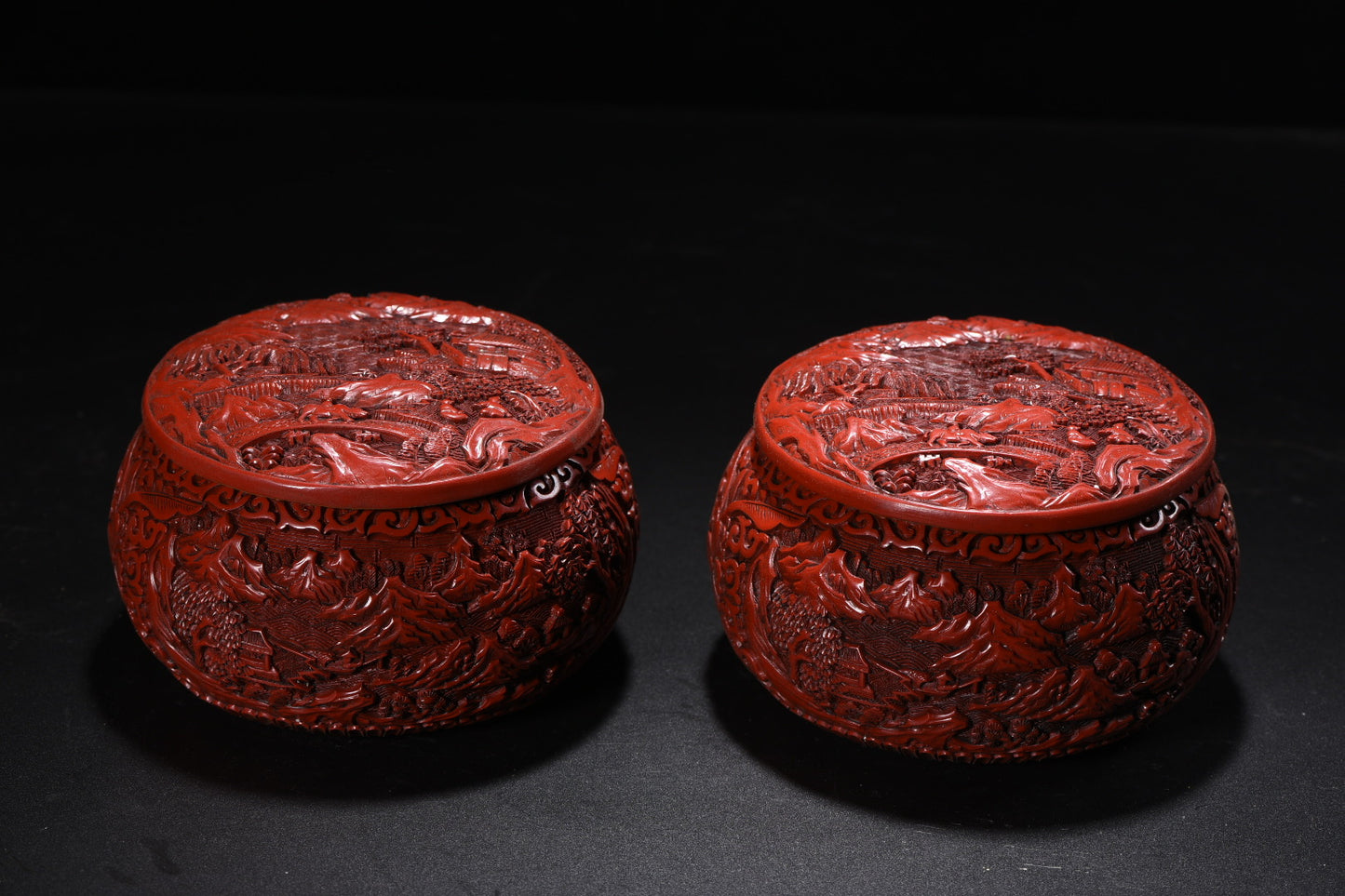A2237 A Pair Chinese Red Lacquerware Low Relief Mountain River Scene Mountain River Scene Weiqi Pot
