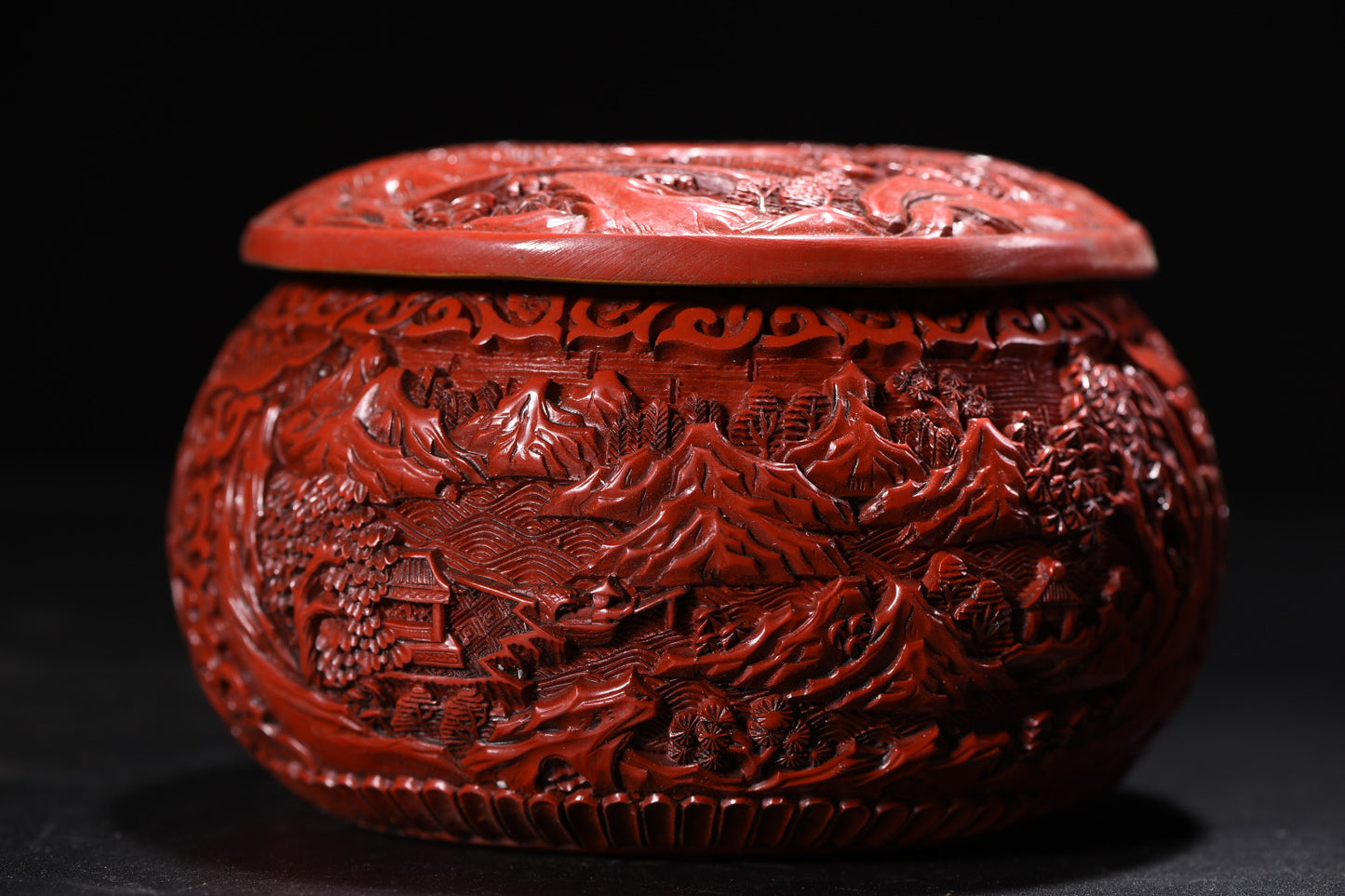 A2237 A Pair Chinese Red Lacquerware Low Relief Mountain River Scene Mountain River Scene Weiqi Pot
