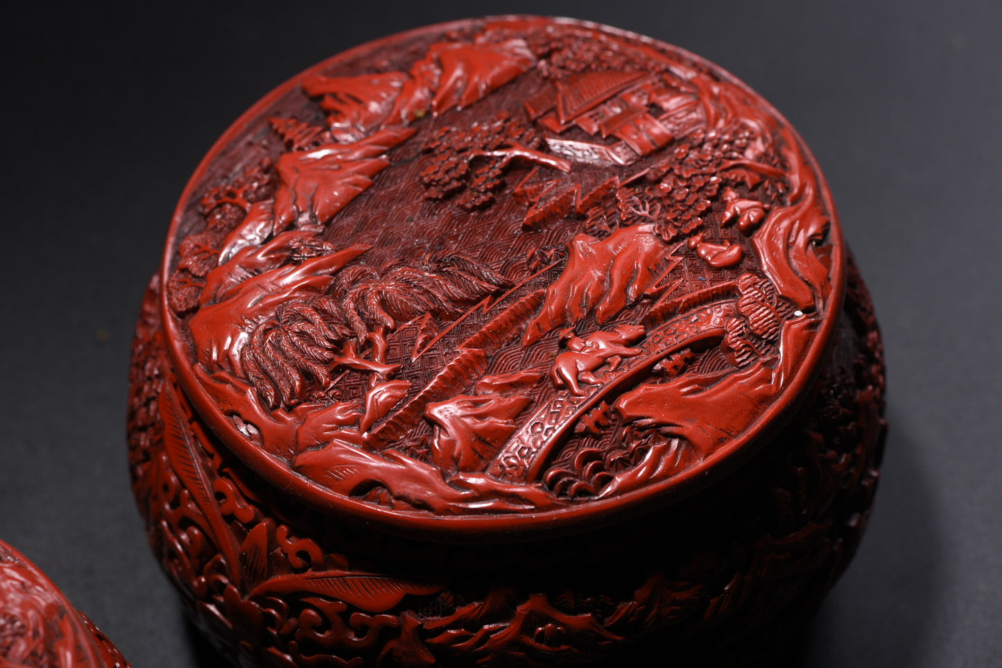 A2237 A Pair Chinese Red Lacquerware Low Relief Mountain River Scene Mountain River Scene Weiqi Pot