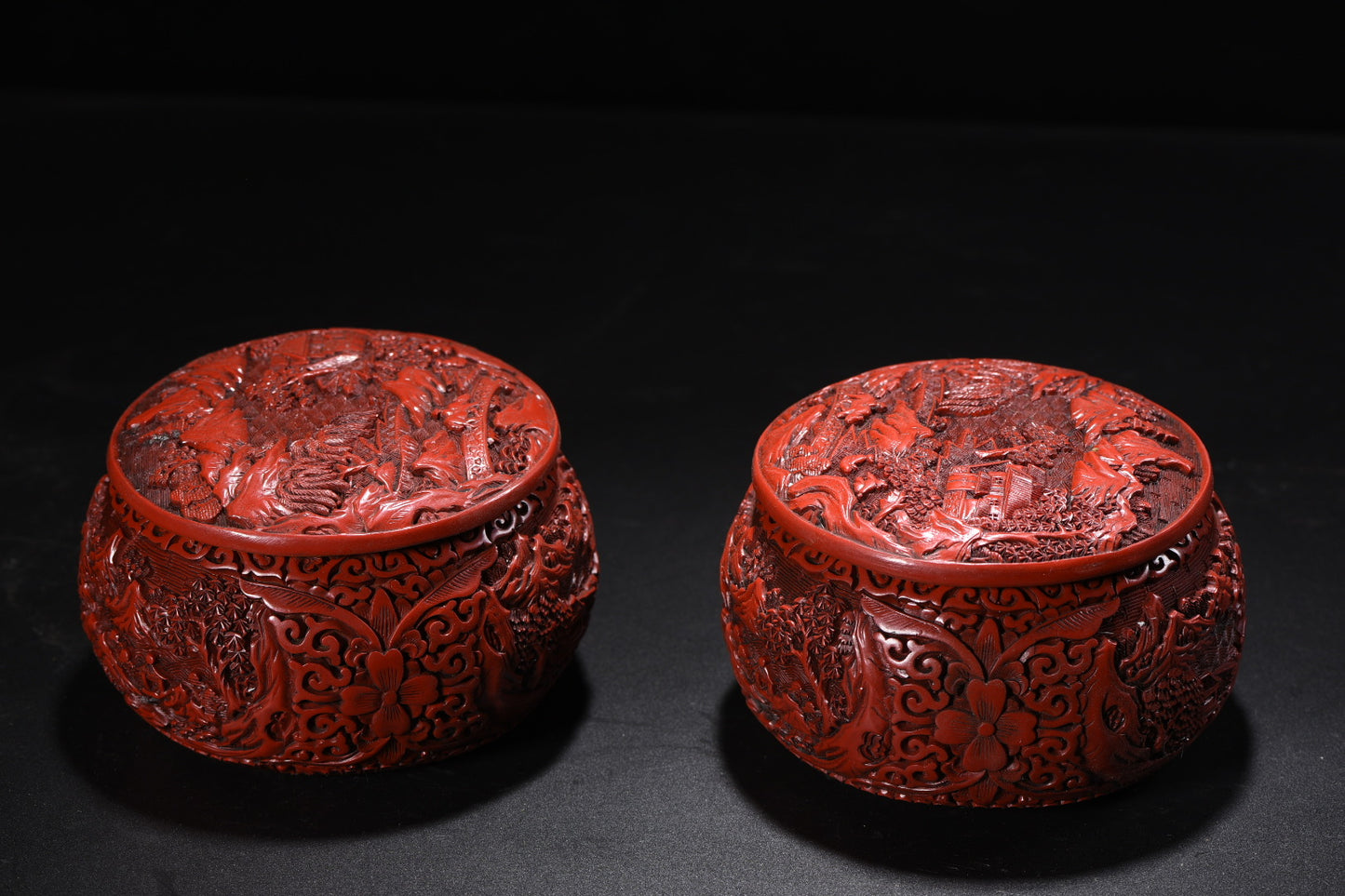 A2237 A Pair Chinese Red Lacquerware Low Relief Mountain River Scene Mountain River Scene Weiqi Pot