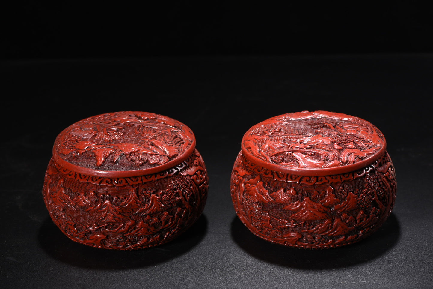 A2237 A Pair Chinese Red Lacquerware Low Relief Mountain River Scene Mountain River Scene Weiqi Pot