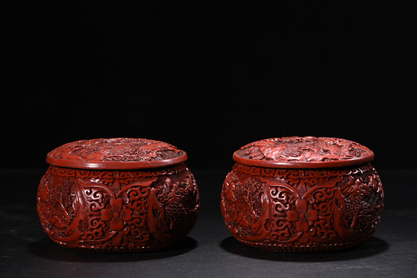 A2237 A Pair Chinese Red Lacquerware Low Relief Mountain River Scene Mountain River Scene Weiqi Pot