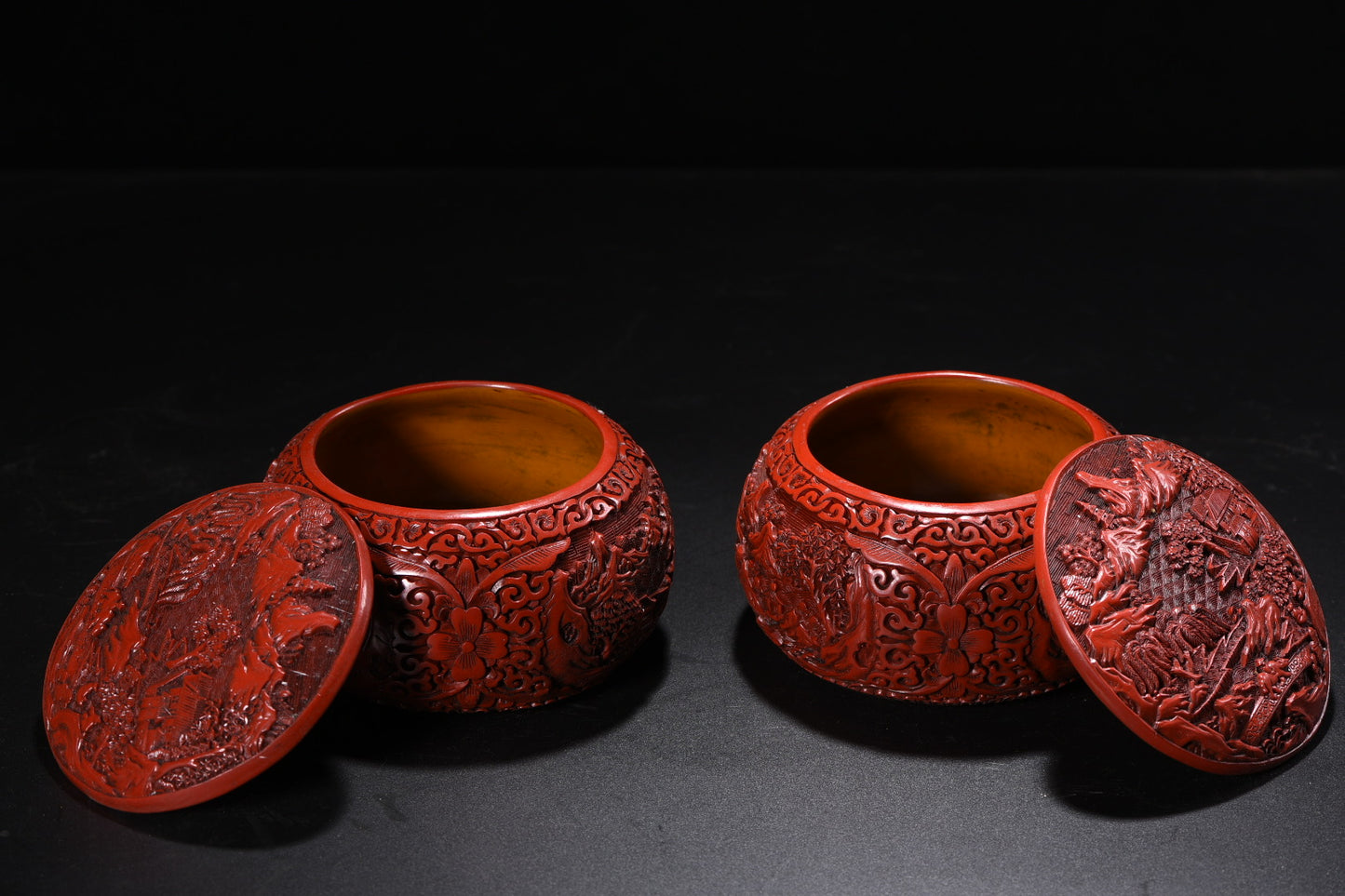 A2237 A Pair Chinese Red Lacquerware Low Relief Mountain River Scene Mountain River Scene Weiqi Pot