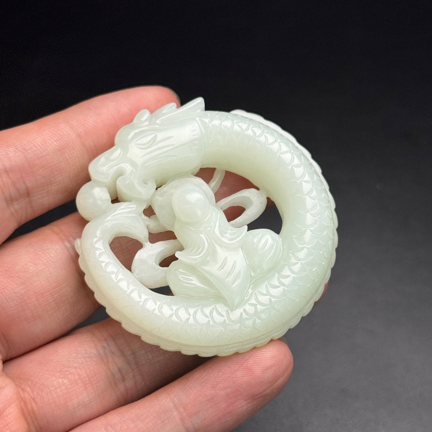 A2241 Openwork Chinese Hetian Jade Carved Dragon & Buddha Pendant