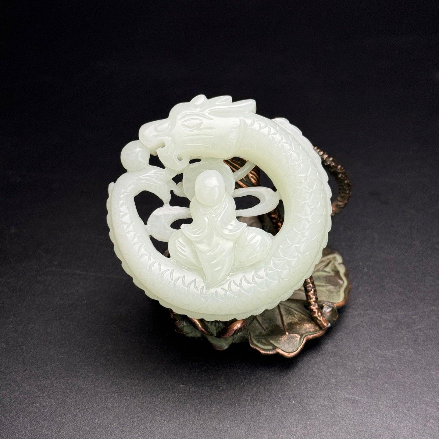 A2241 Openwork Chinese Hetian Jade Carved Dragon & Buddha Pendant