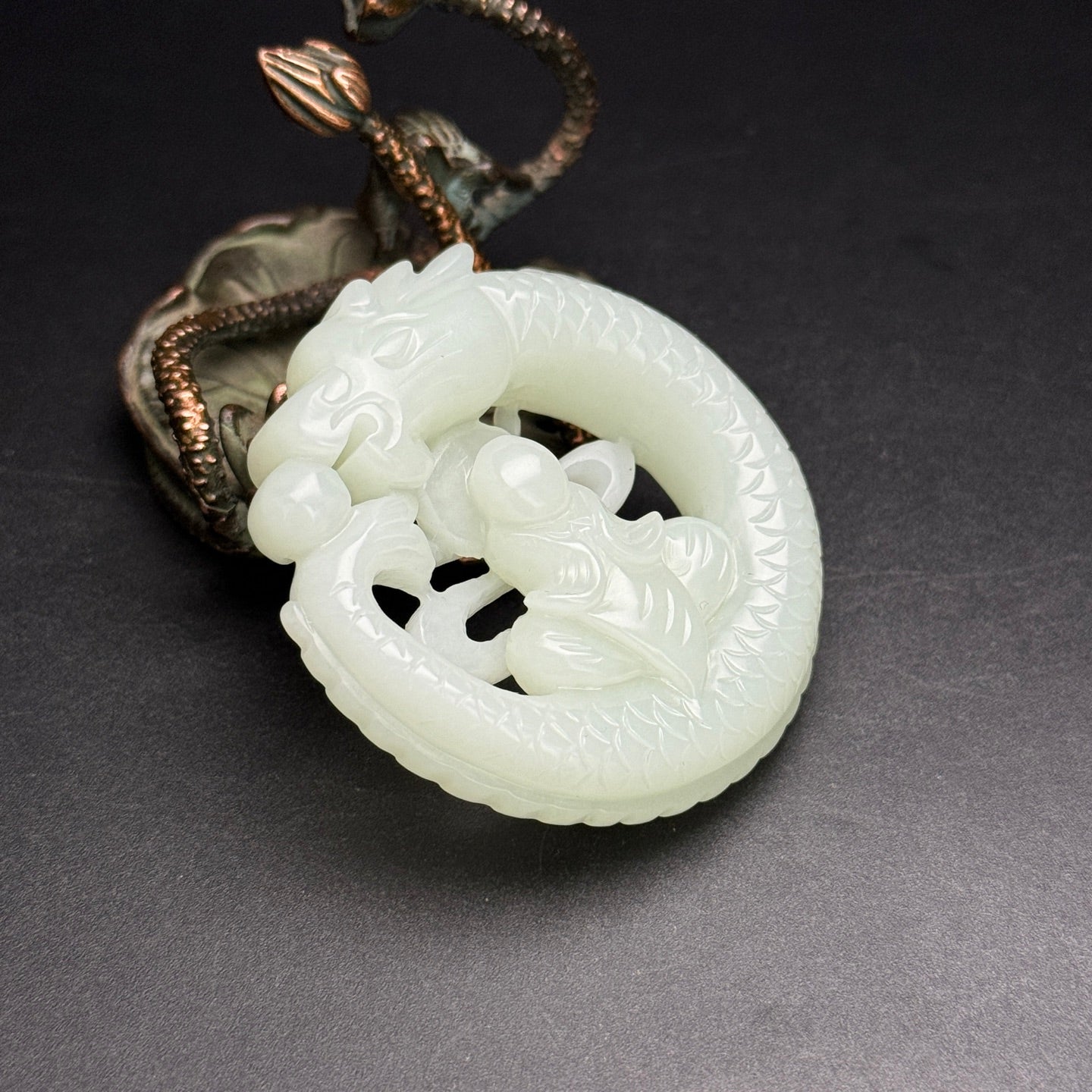 A2241 Openwork Chinese Hetian Jade Carved Dragon & Buddha Pendant