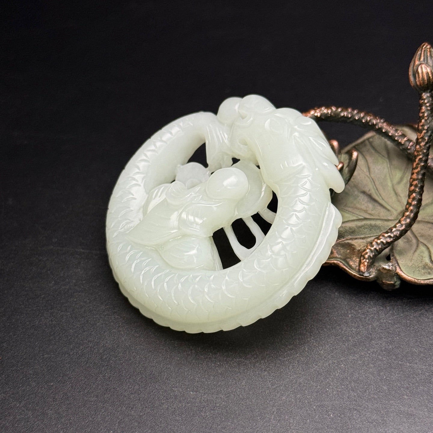 A2241 Openwork Chinese Hetian Jade Carved Dragon & Buddha Pendant