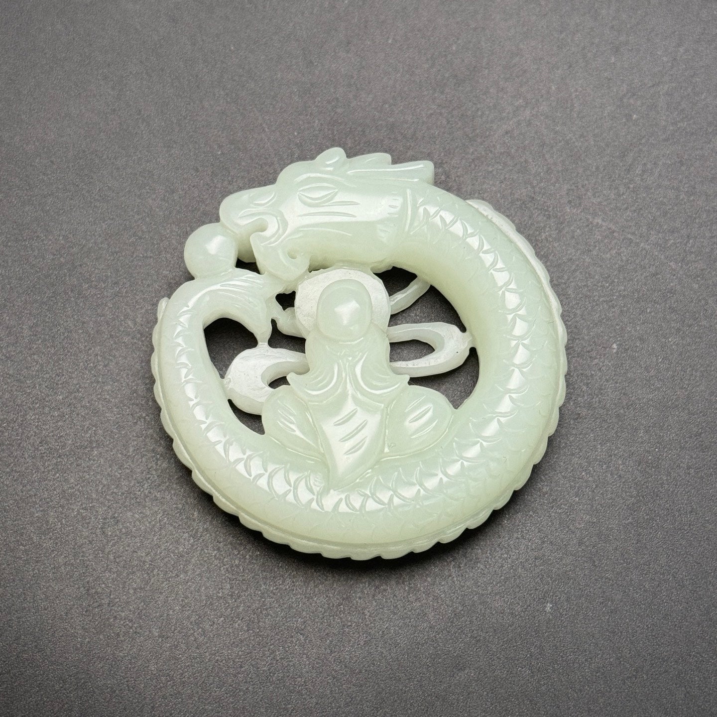 A2241 Openwork Chinese Hetian Jade Carved Dragon & Buddha Pendant