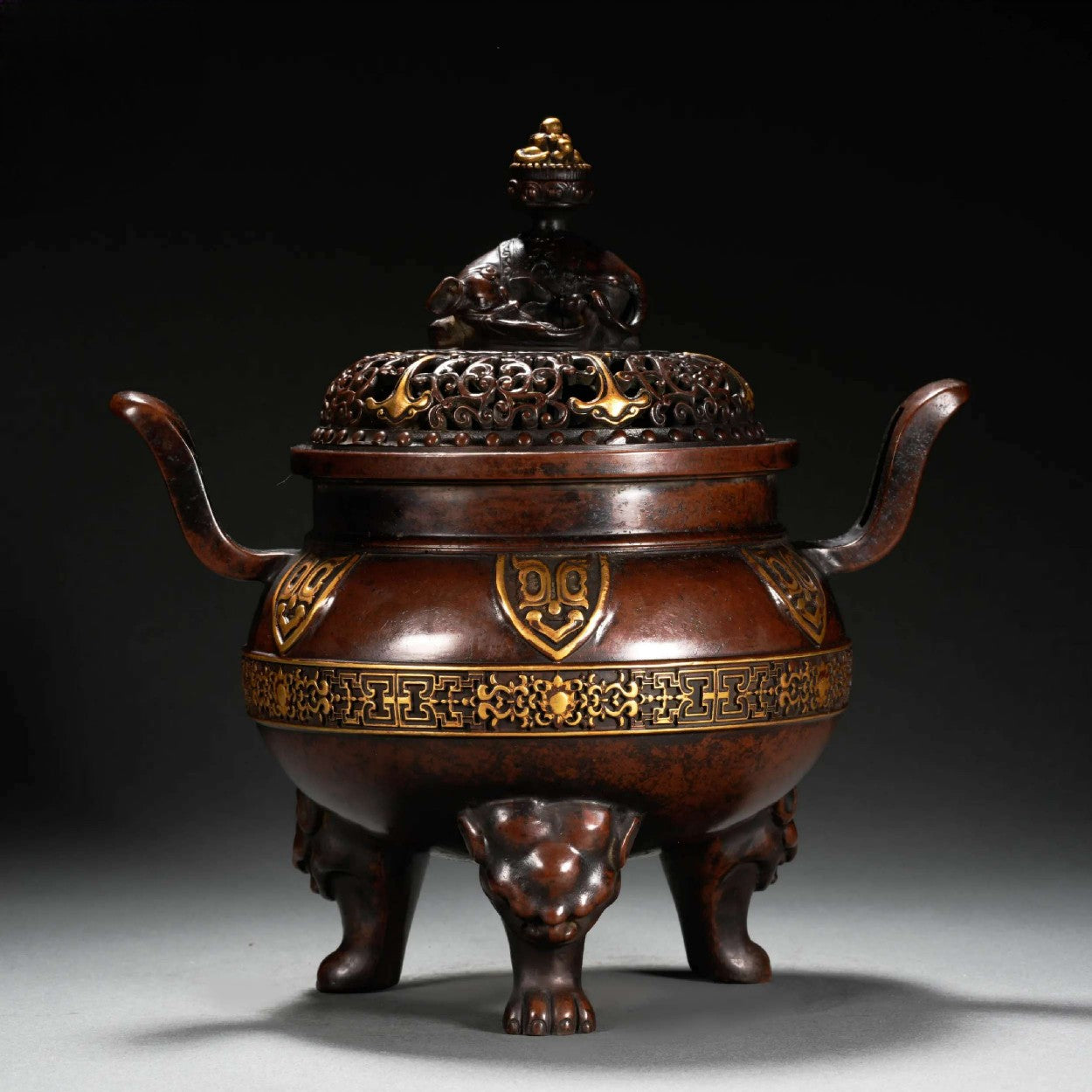 A2245 Chinese Gilt Gold Copper 3 Legs Double Ears Incense Burner