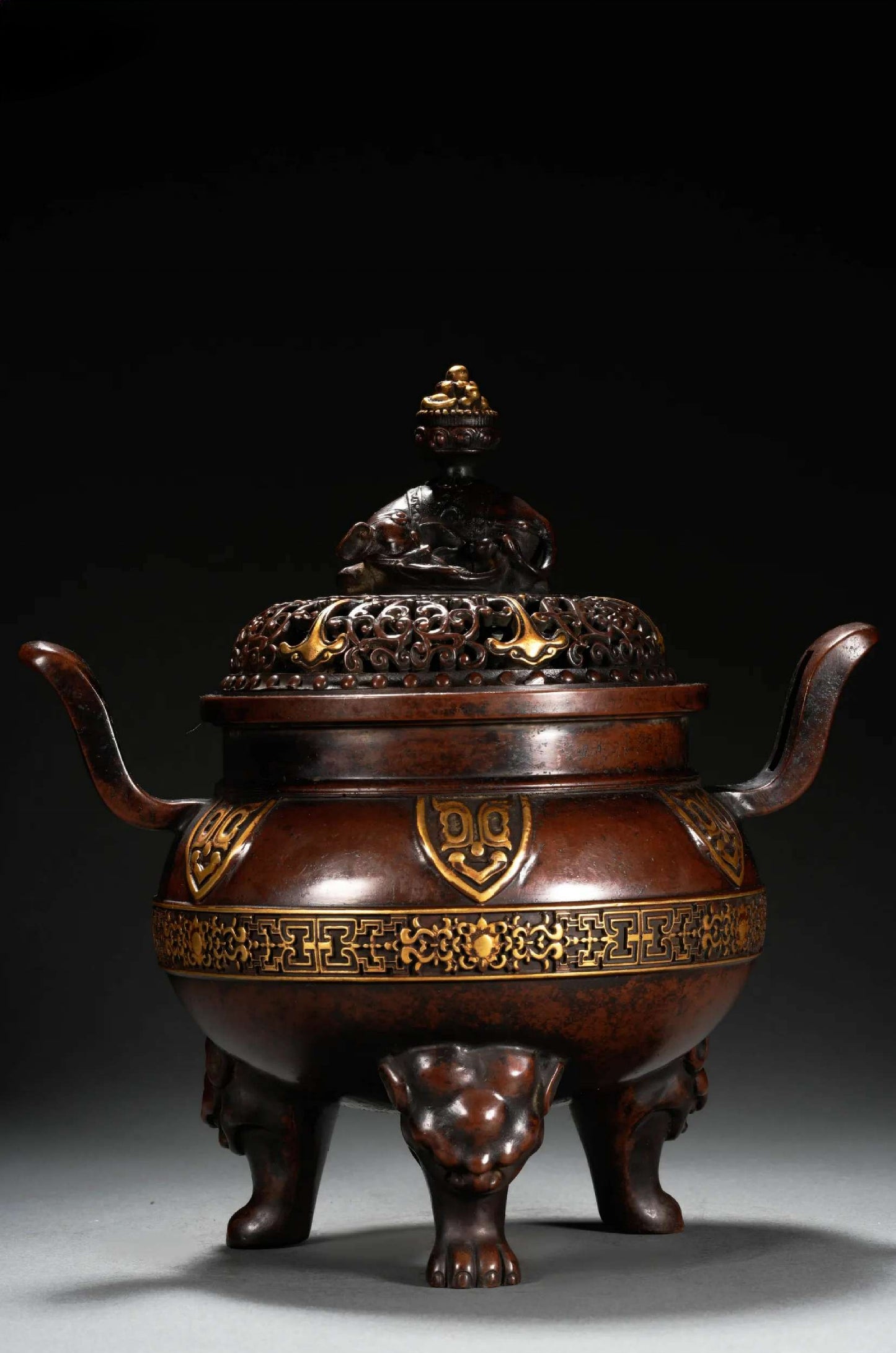 A2245 Chinese Gilt Gold Copper 3 Legs Double Ears Incense Burner