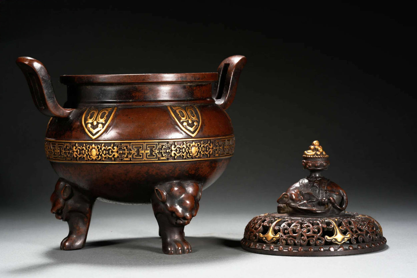 A2245 Chinese Gilt Gold Copper 3 Legs Double Ears Incense Burner