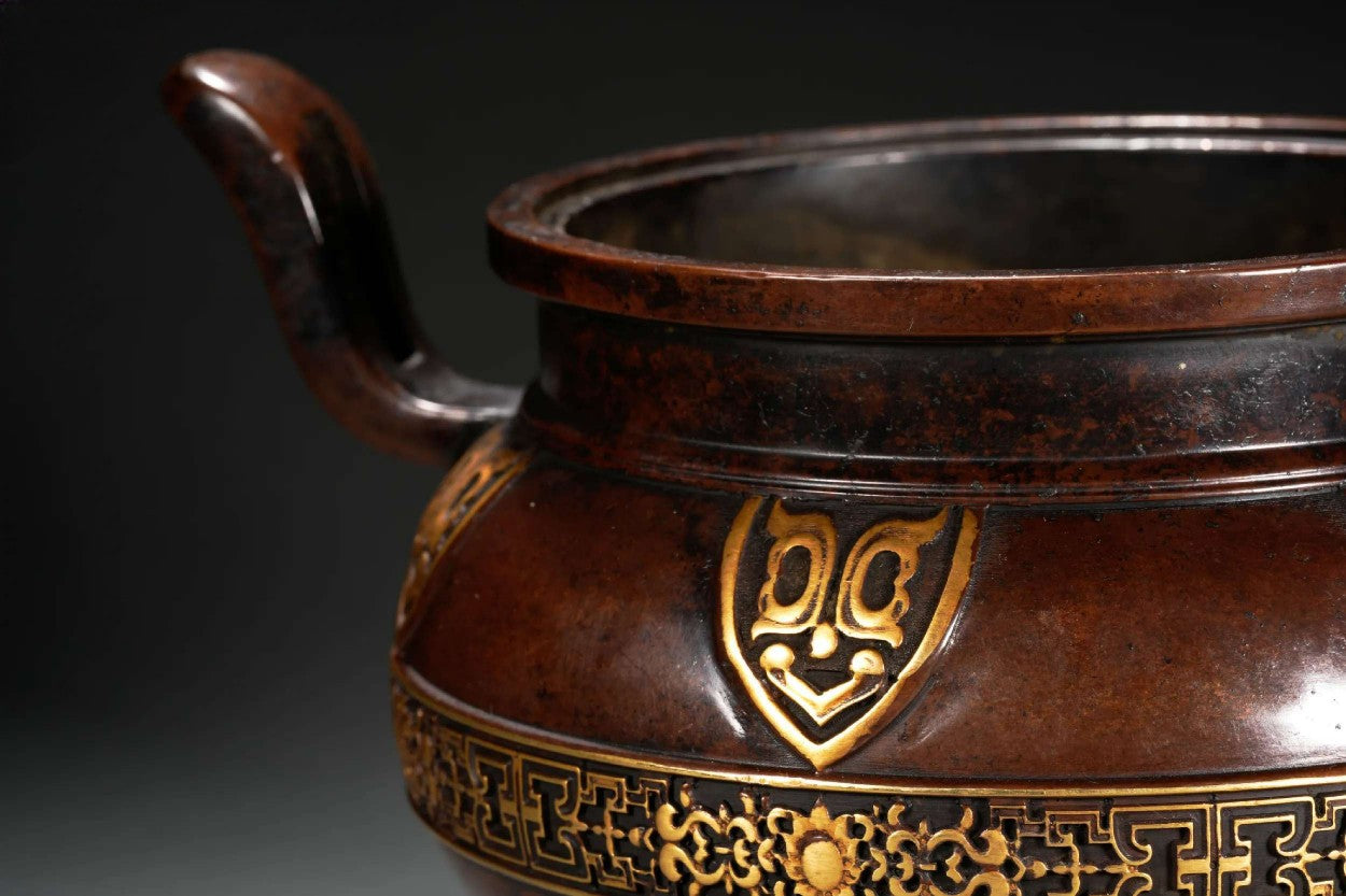 A2245 Chinese Gilt Gold Copper 3 Legs Double Ears Incense Burner