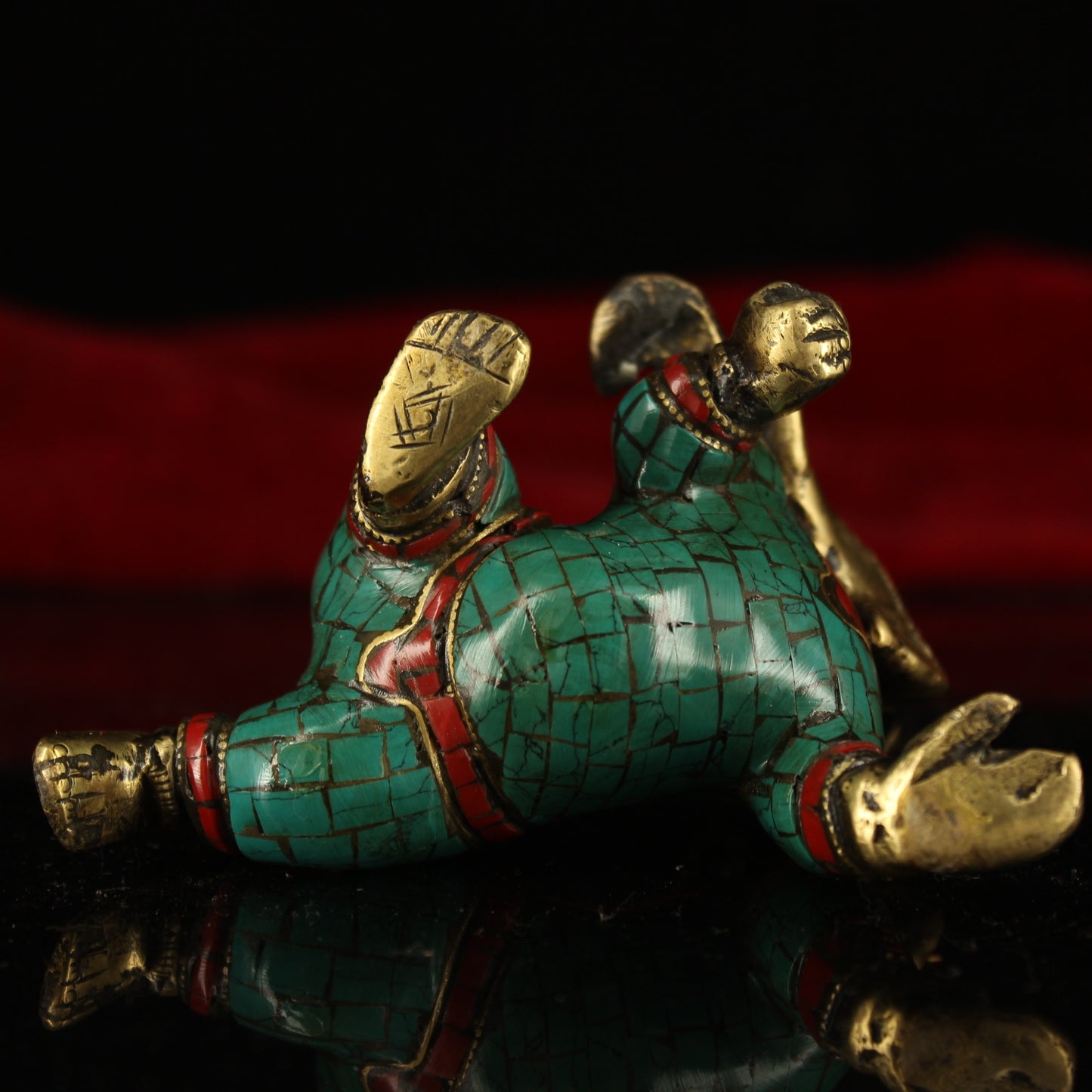 A2246 Old Tibetan Gilt Gold Bronze Inlay Turquoise & Gems Yellow Jambhala Statue
