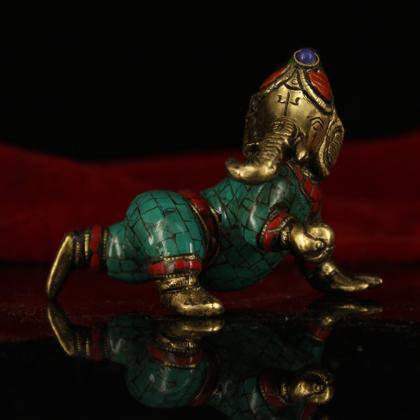 A2246 Old Tibetan Gilt Gold Bronze Inlay Turquoise & Gems Yellow Jambhala Statue