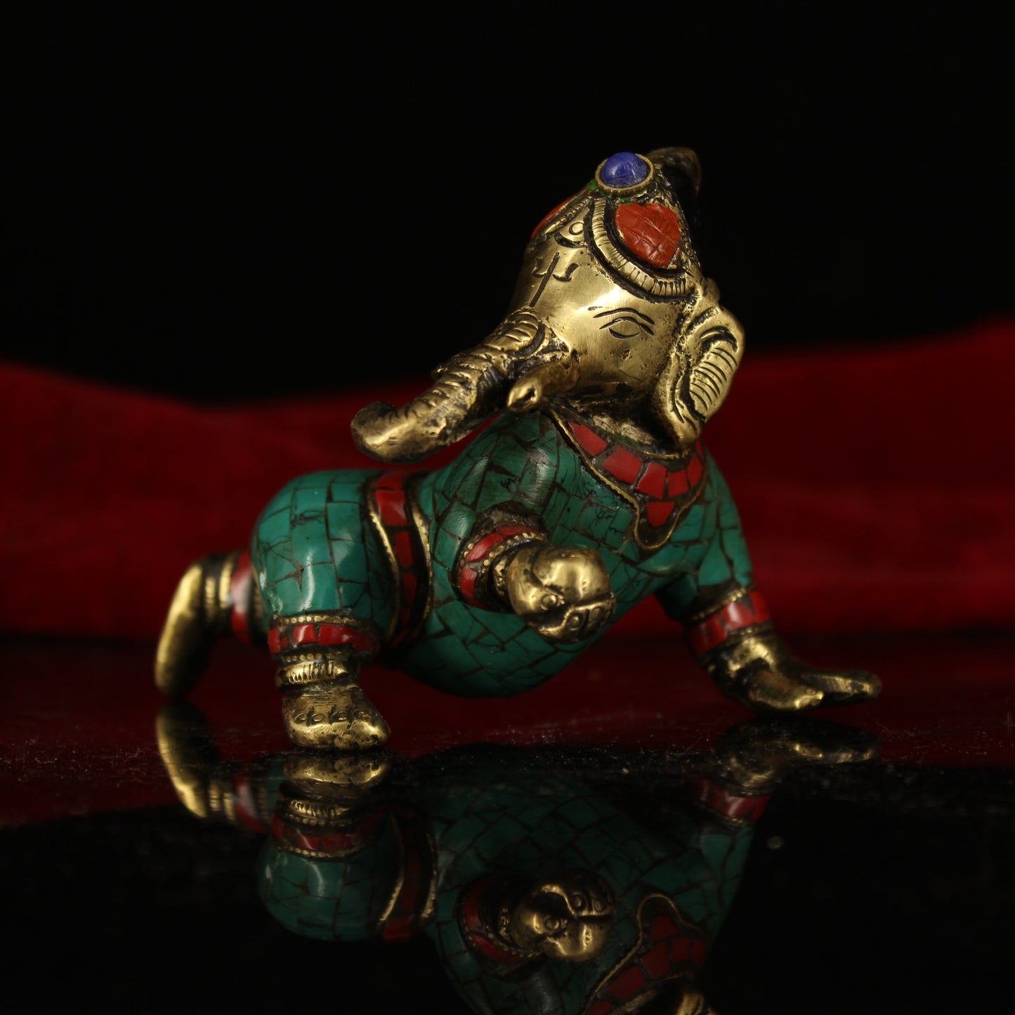 A2246 Old Tibetan Gilt Gold Bronze Inlay Turquoise & Gems Yellow Jambhala Statue