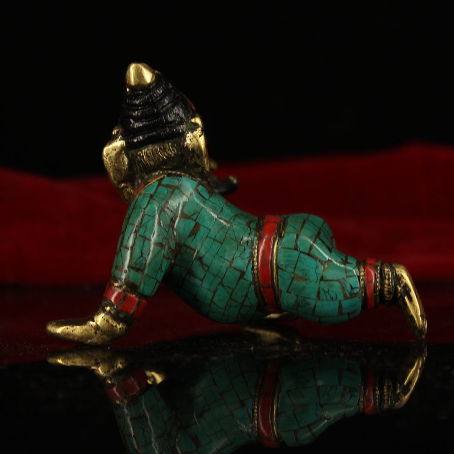 A2246 Old Tibetan Gilt Gold Bronze Inlay Turquoise & Gems Yellow Jambhala Statue