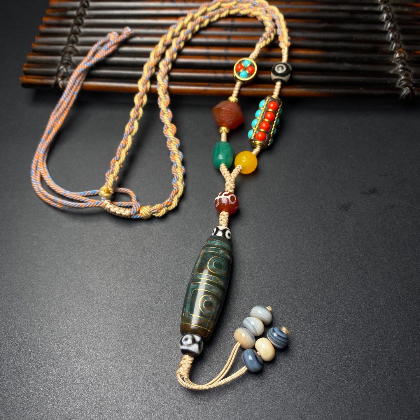 A2255 Hand Woven Tibetan Four Eye DZI Agate Lucky Pendant
