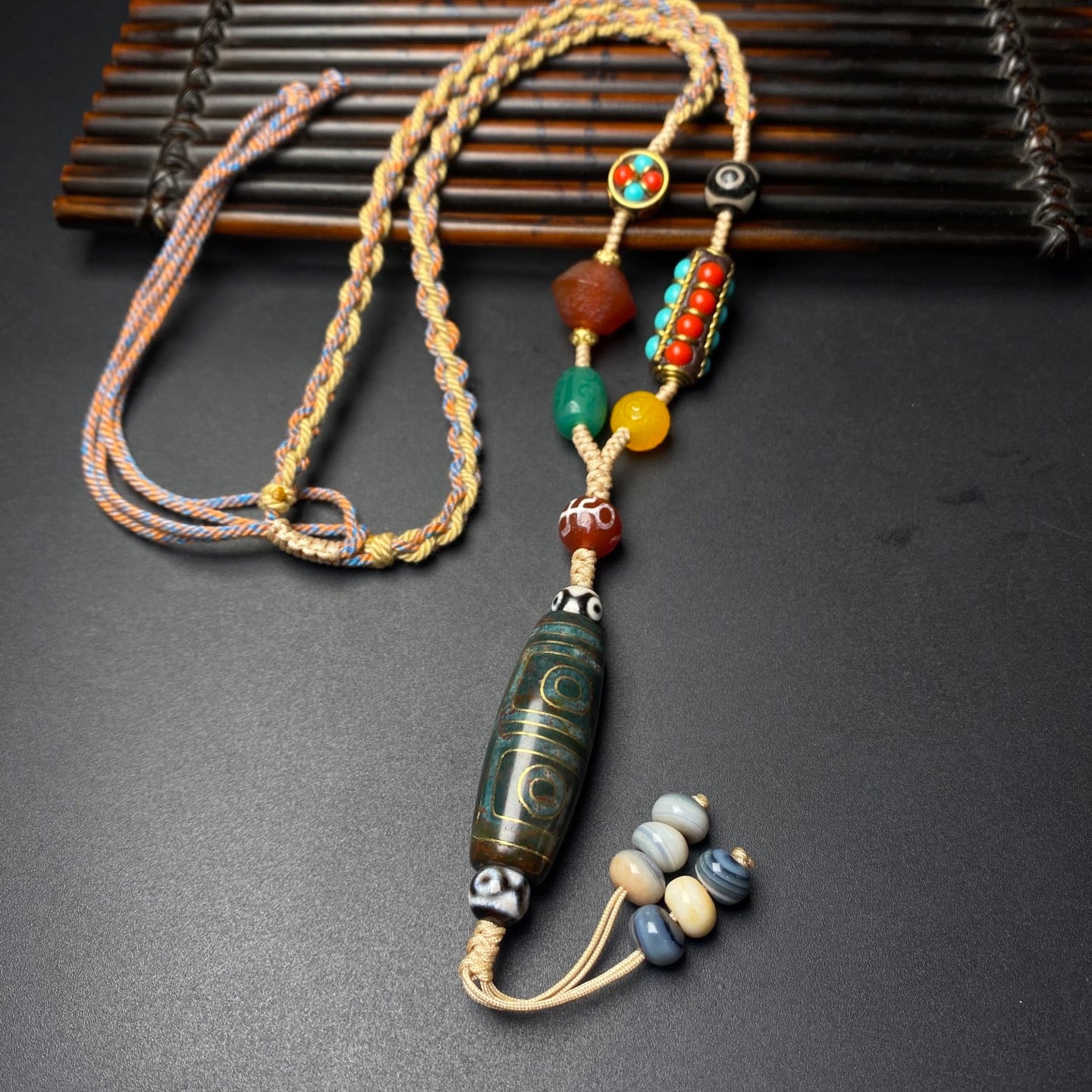 A2255 Hand Woven Tibetan Four Eye DZI Agate Lucky Pendant