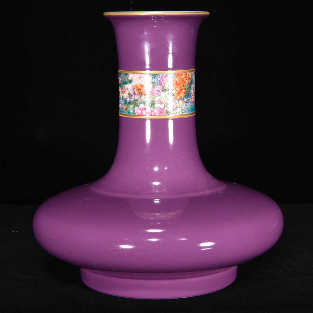 A2263 Chinese Purple Glaze Famille Rose Porcelain Vase