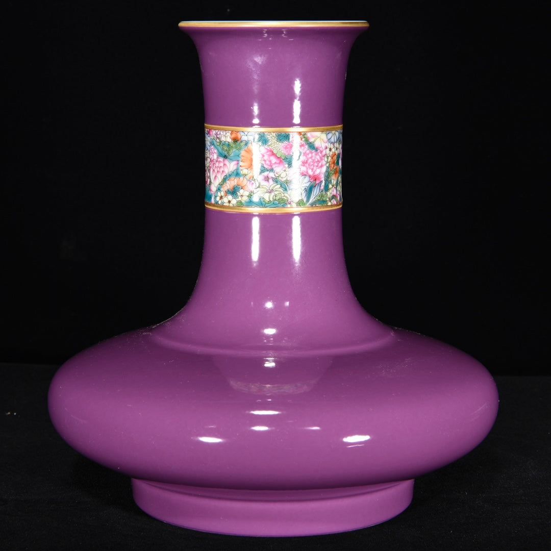 A2263 Chinese Purple Glaze Famille Rose Porcelain Vase