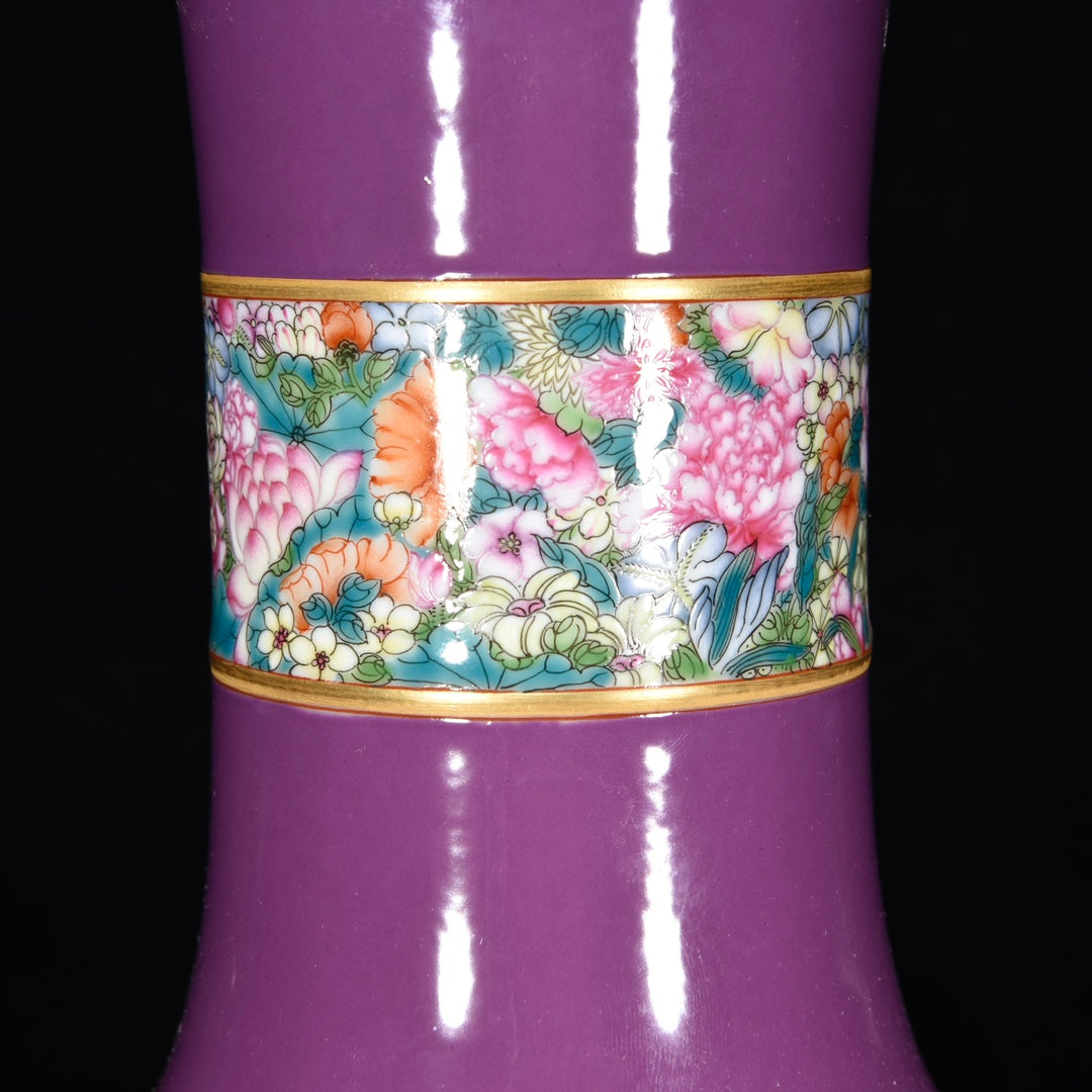 A2263 Chinese Purple Glaze Famille Rose Porcelain Vase