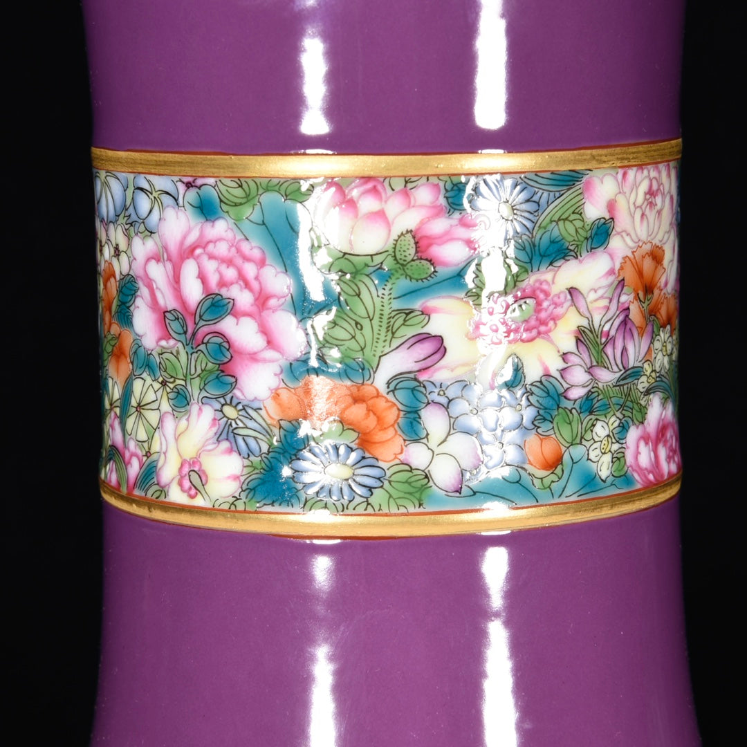 A2263 Chinese Purple Glaze Famille Rose Porcelain Vase