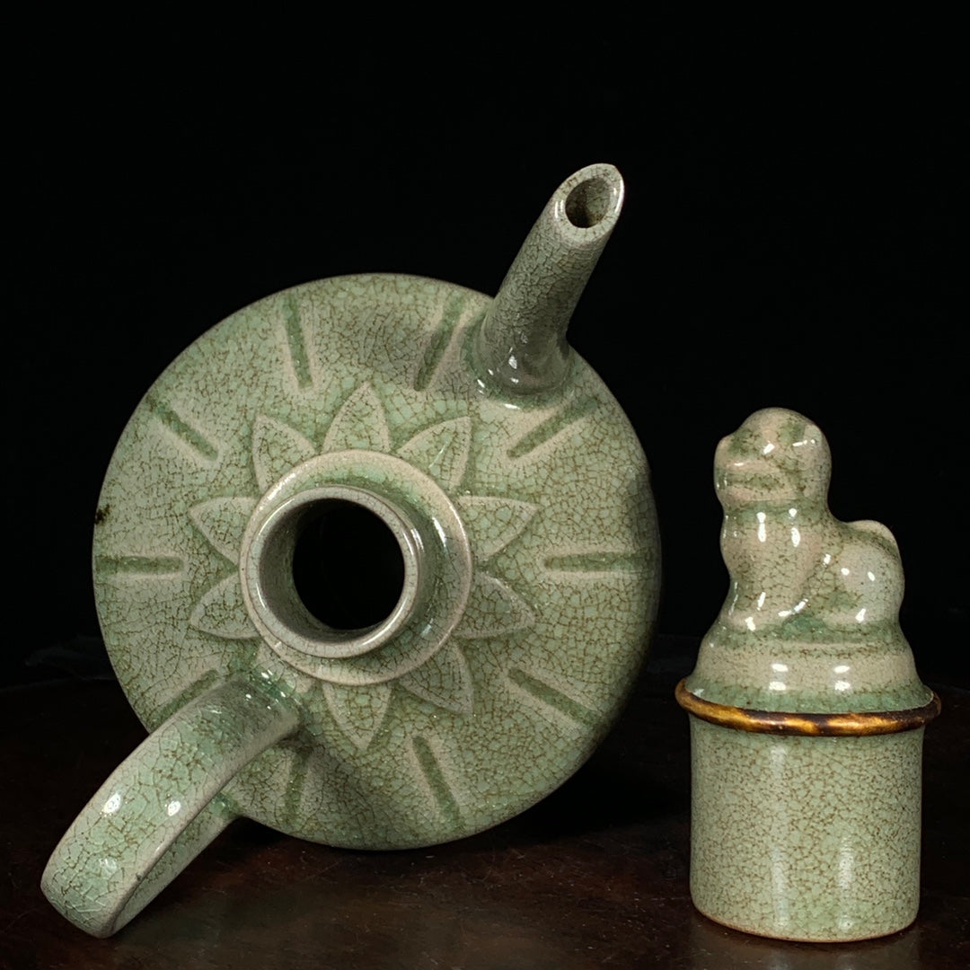 A2266 Vintage Chinese Inlaying Gold Edge Ru Kiln Porcelain Wine Pot