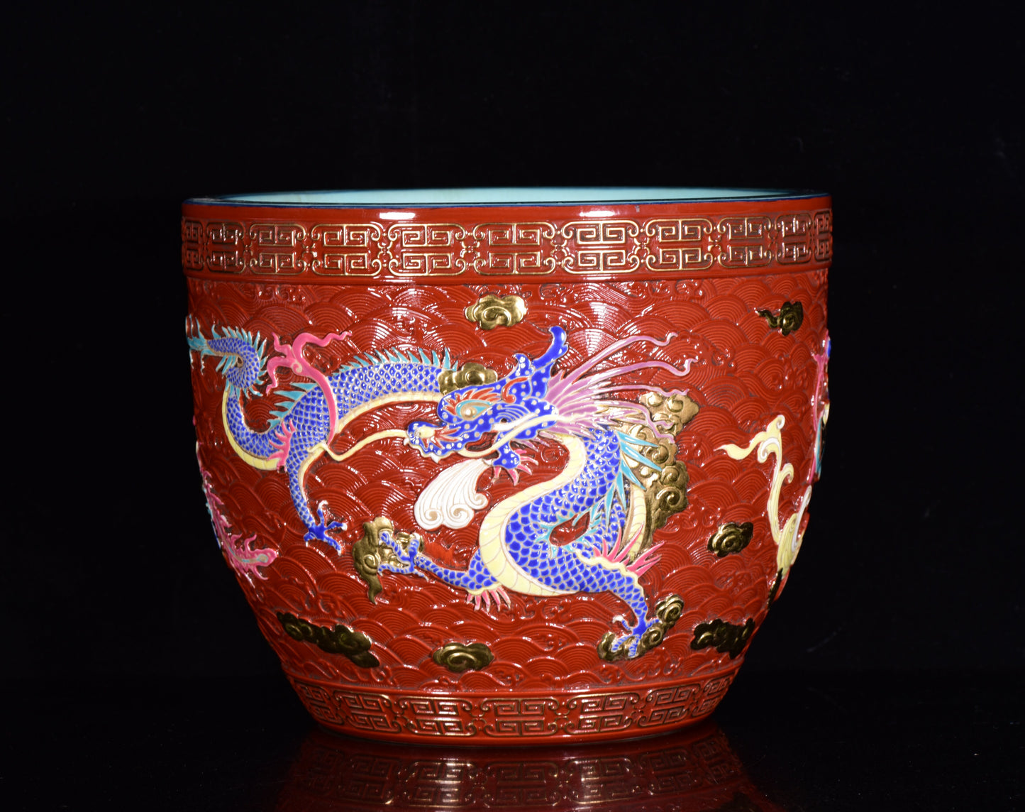 A2271 Chinese Gilt Gold Red Glaze Dragon Phoenix Design Porcelain Jar