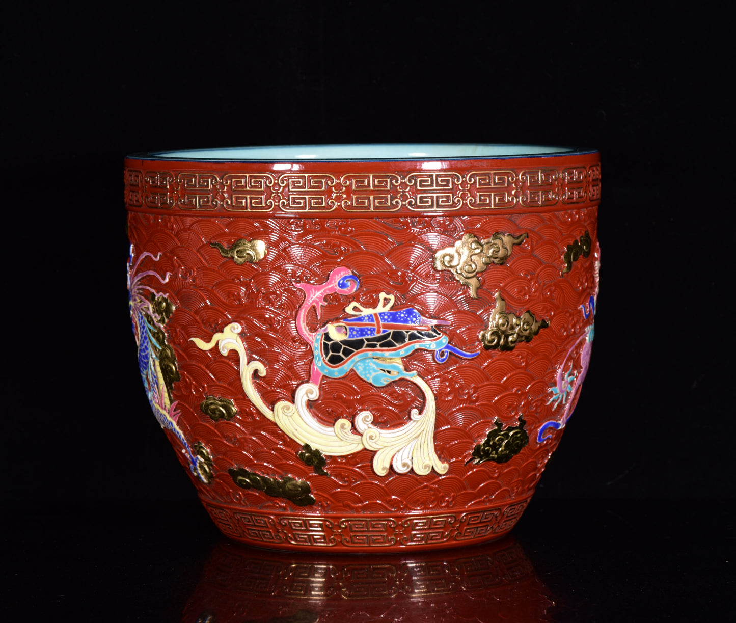 A2271 Chinese Gilt Gold Red Glaze Dragon Phoenix Design Porcelain Jar