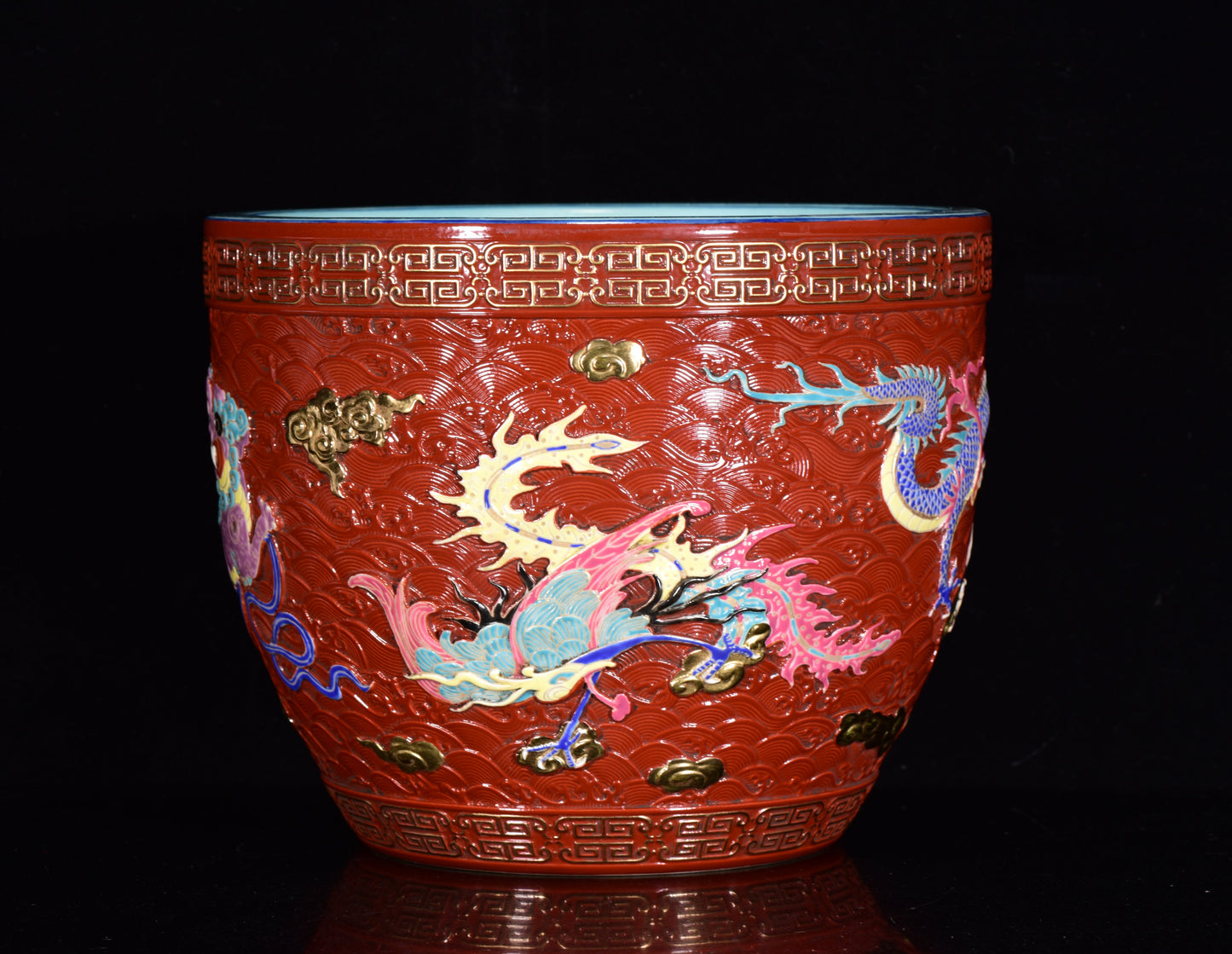 A2271 Chinese Gilt Gold Red Glaze Dragon Phoenix Design Porcelain Jar