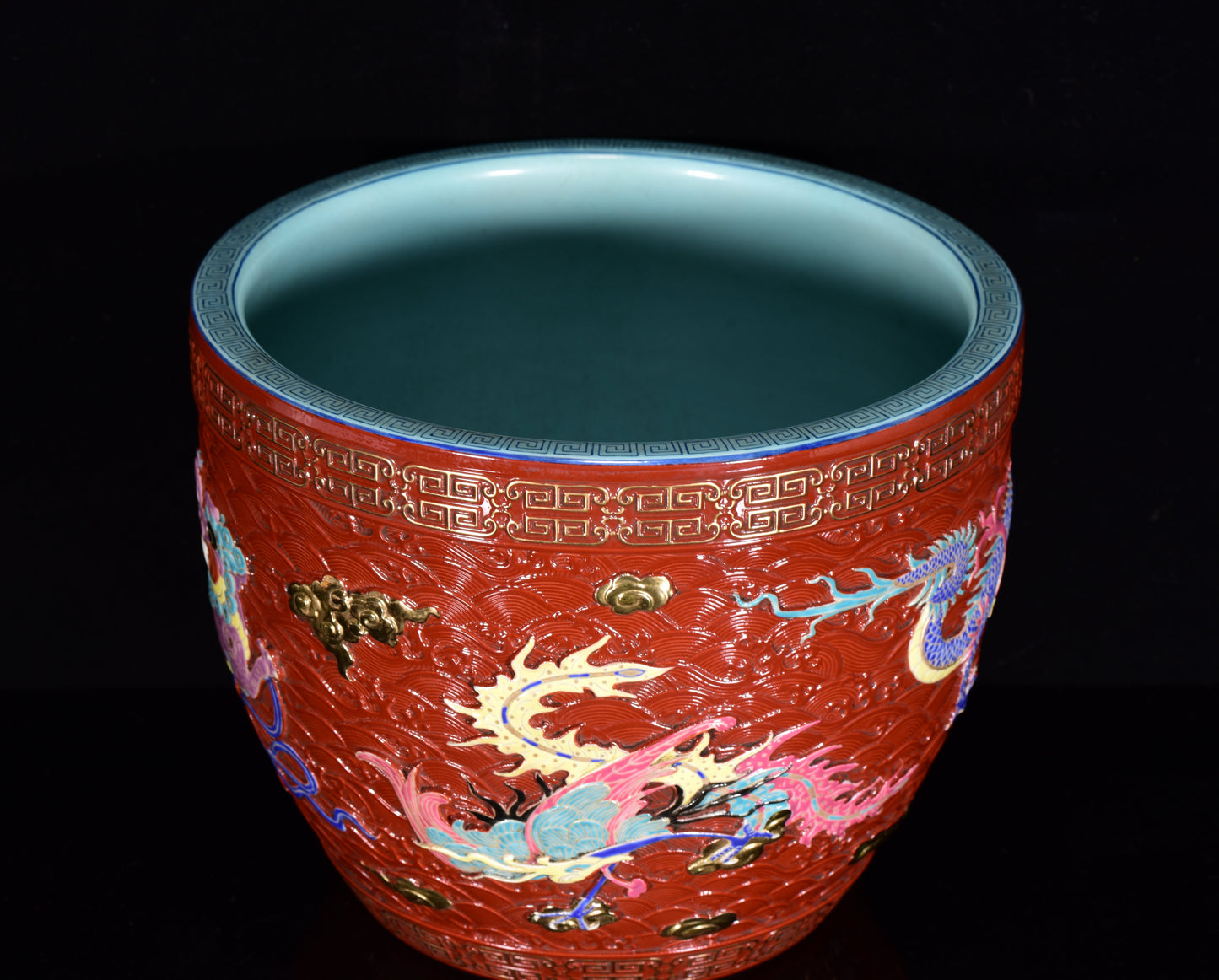 A2271 Chinese Gilt Gold Red Glaze Dragon Phoenix Design Porcelain Jar