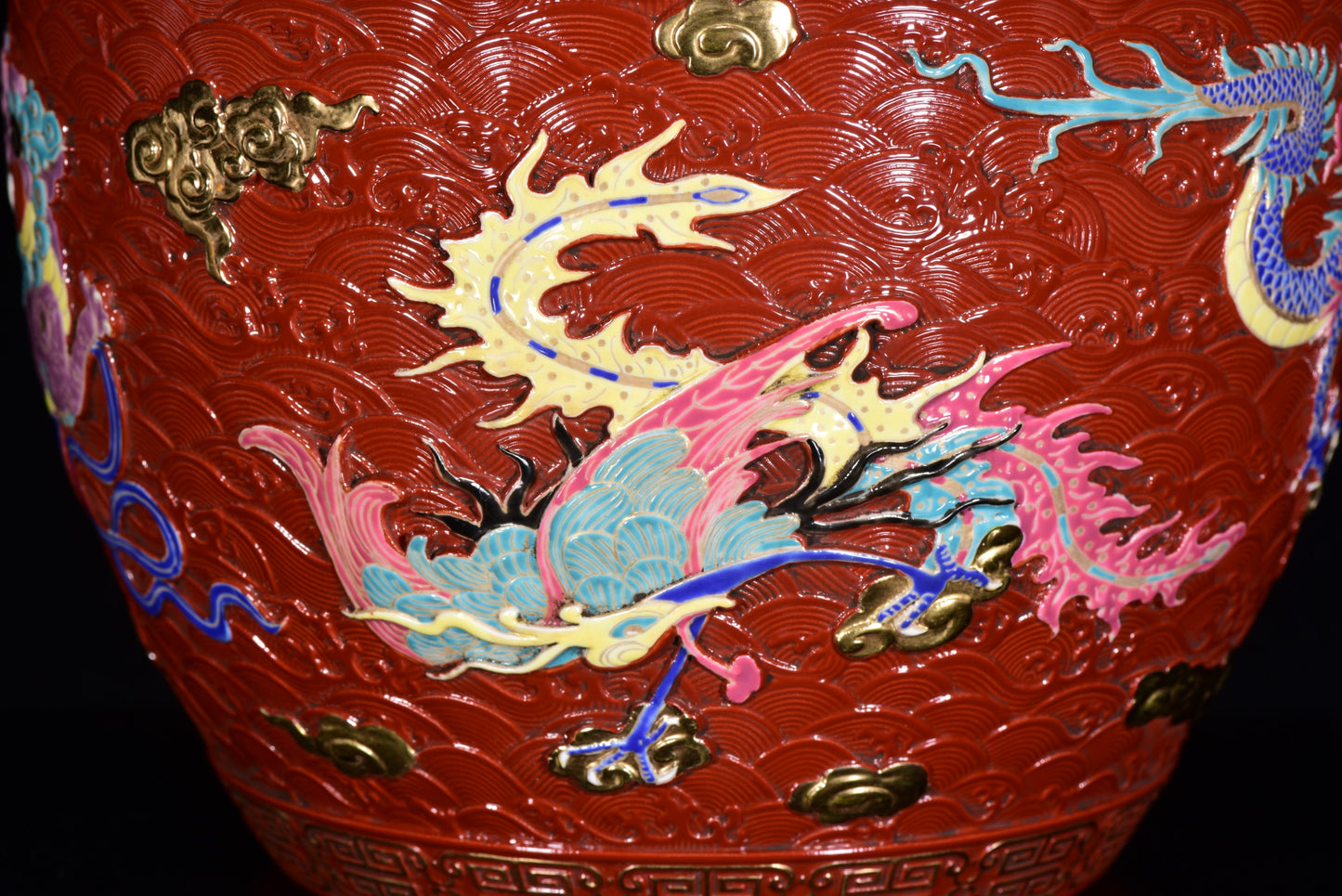 A2271 Chinese Gilt Gold Red Glaze Dragon Phoenix Design Porcelain Jar