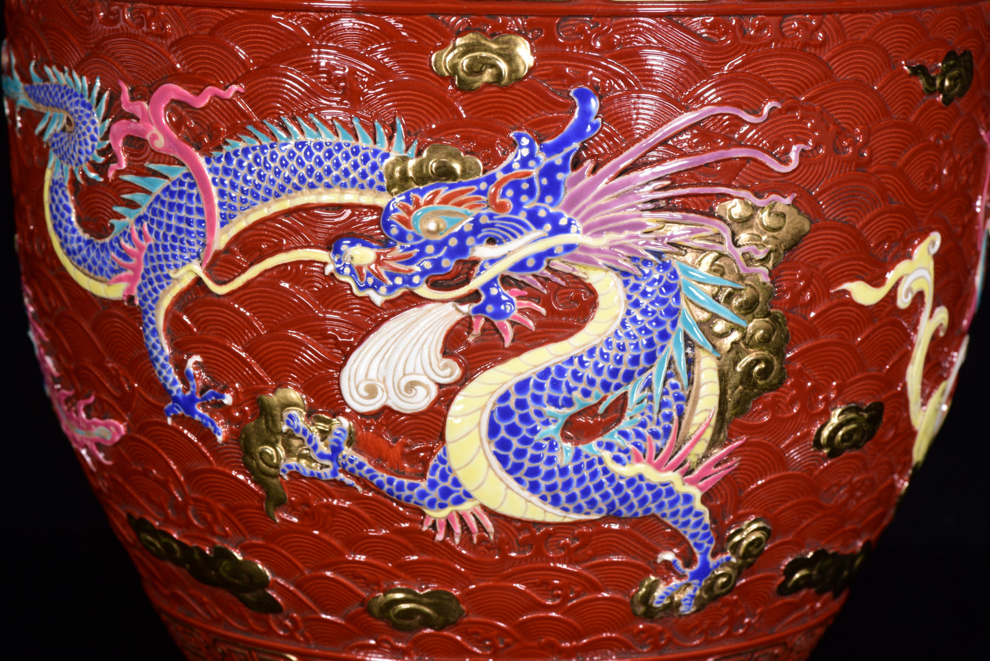 A2271 Chinese Gilt Gold Red Glaze Dragon Phoenix Design Porcelain Jar