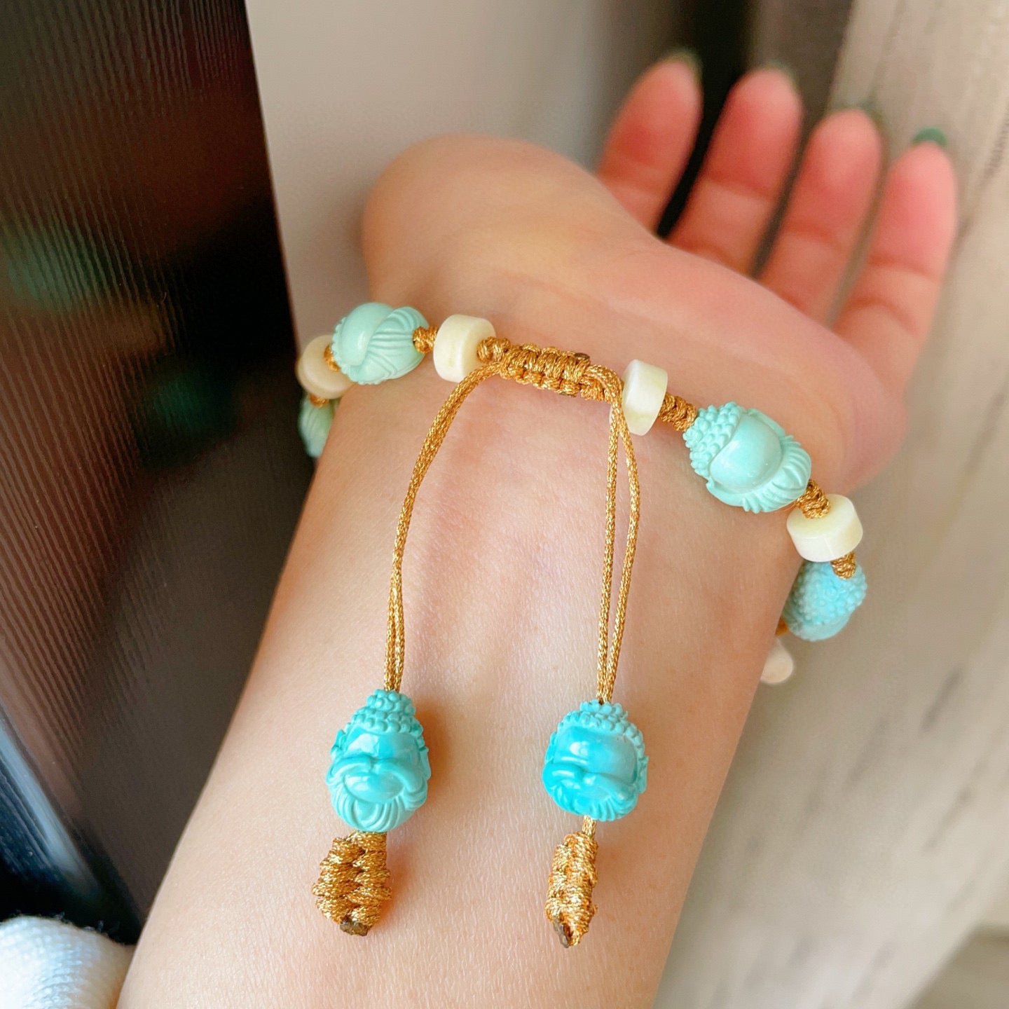 A2289 Hand Woven Beautiful Turquoise & Nanhong Agate Beads Bracelet