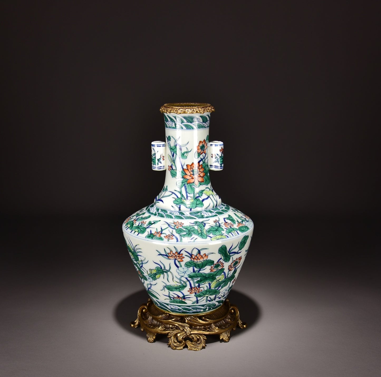 A2314 Chinese Inlaying Copper Edge Doucai Lotus Leaf & Lotus Flower Design Porcelain Vase
