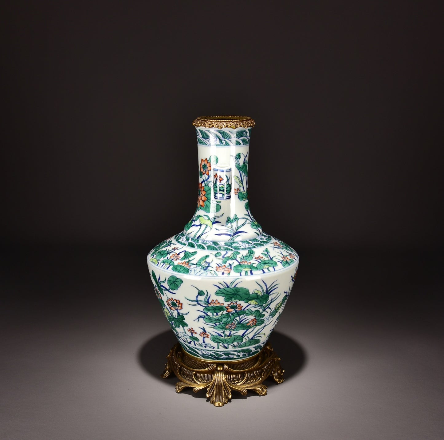 A2314 Chinese Inlaying Copper Edge Doucai Lotus Leaf & Lotus Flower Design Porcelain Vase