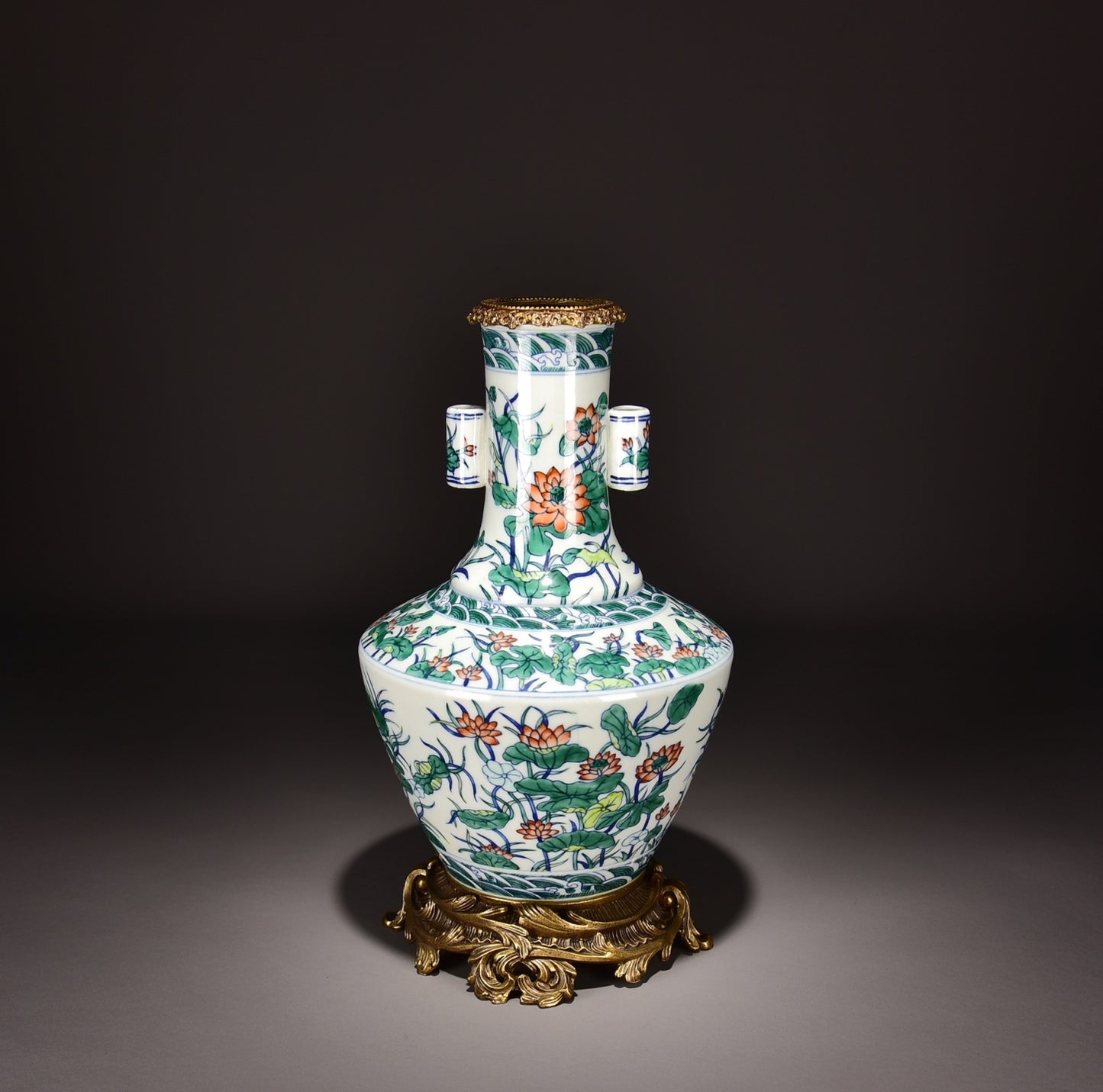 A2314 Chinese Inlaying Copper Edge Doucai Lotus Leaf & Lotus Flower Design Porcelain Vase