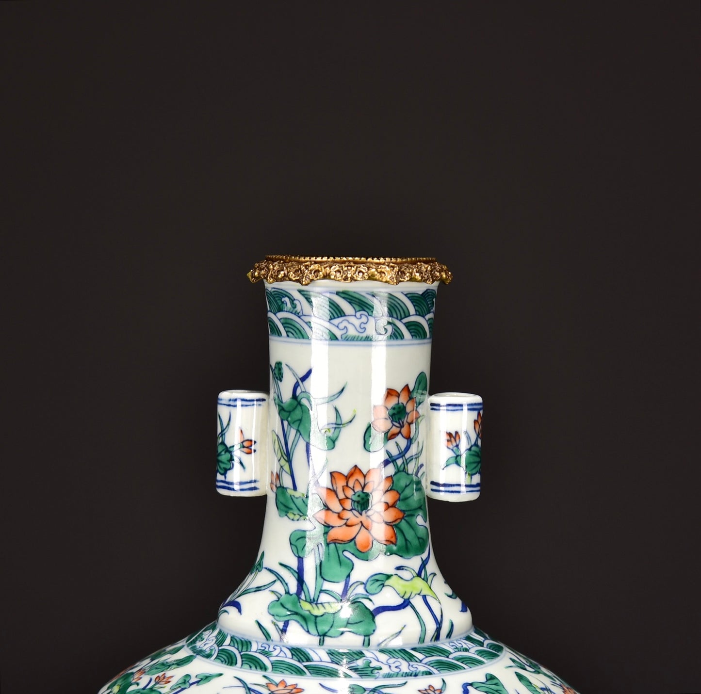 A2314 Chinese Inlaying Copper Edge Doucai Lotus Leaf & Lotus Flower Design Porcelain Vase