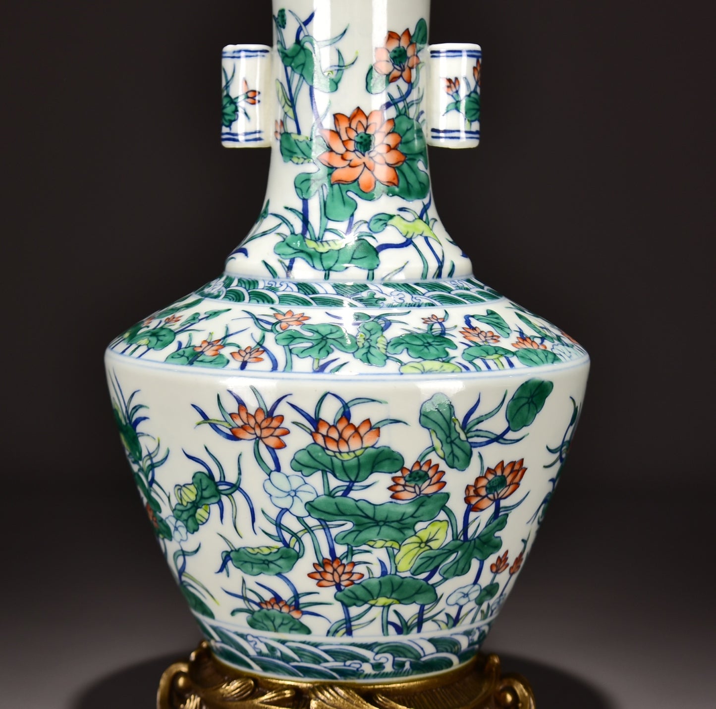 A2314 Chinese Inlaying Copper Edge Doucai Lotus Leaf & Lotus Flower Design Porcelain Vase